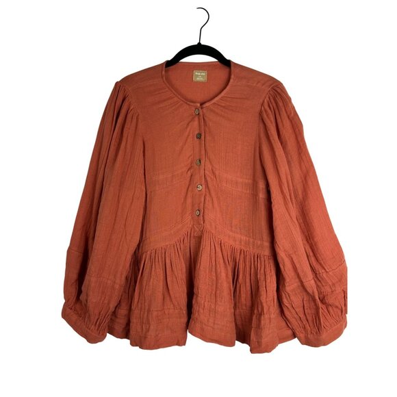 Free-Est by Free People Boho Rust Orange Large Gauze Peplum Button-Down Blouse - Picture 1 of 12